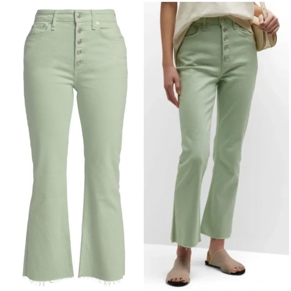 Rag & Bone Casey High Rise Ankle Flare Jeans Raw Hem in Mint Green size 29